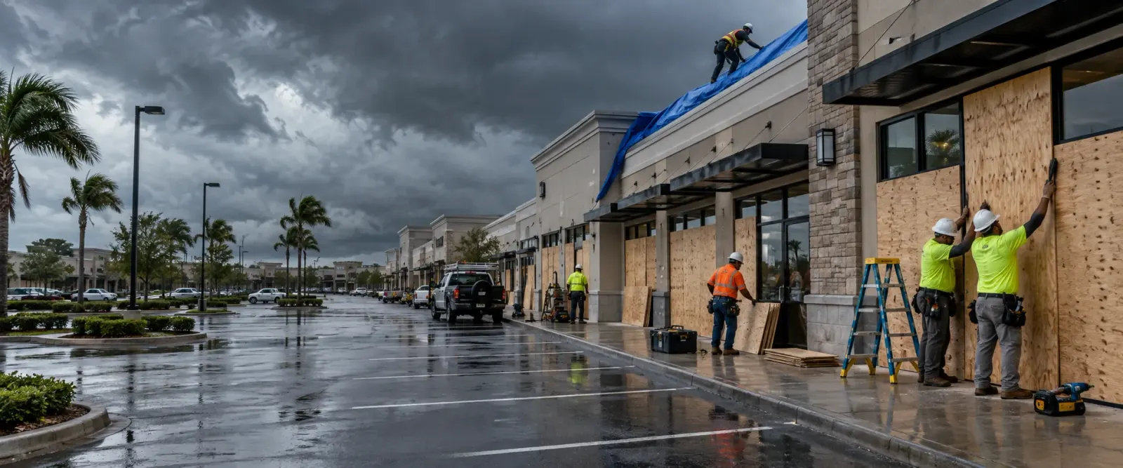 Storm damage and board-up in Modesto